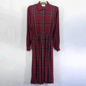 Vintage Petrina Red Plaid Flannel Long Sleeve Midi Shirt Dress Holiday Christmas